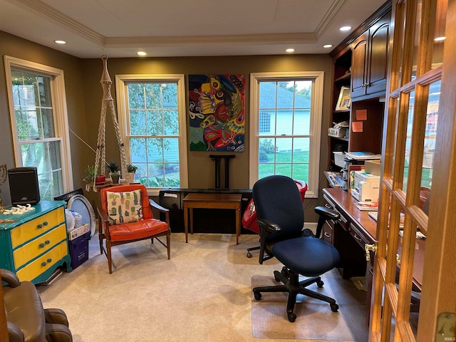 office space with crown molding, a tray ceiling, and light colored carpet