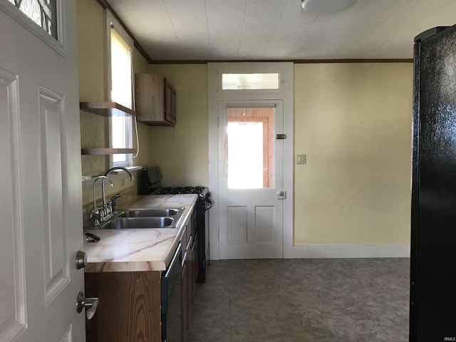 406 W 750 S, Star City, IN 46985 - kitchen featuring range with gas stovetop, a sink, dishwashing machine, crown molding, and butcher block countertops