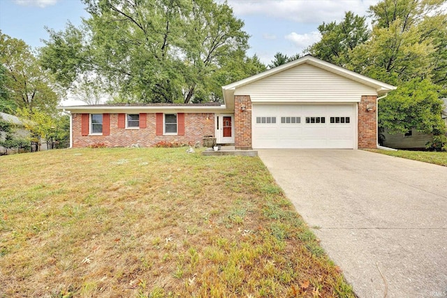 single story home featuring a front yard and a garage