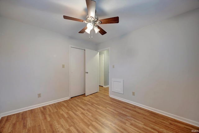 unfurnished bedroom with light hardwood / wood-style floors and ceiling fan