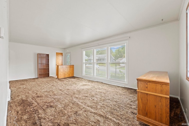 unfurnished room featuring crown molding and dark colored carpet