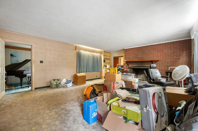 interior space featuring carpet and a fireplace