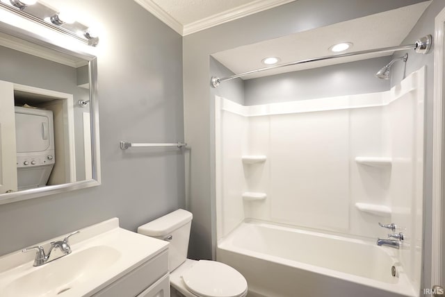 full bathroom featuring shower / bath combination, vanity, crown molding, stacked washer and dryer, and toilet