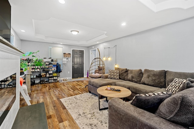 living room with a tray ceiling, a fireplace, and hardwood / wood-style flooring