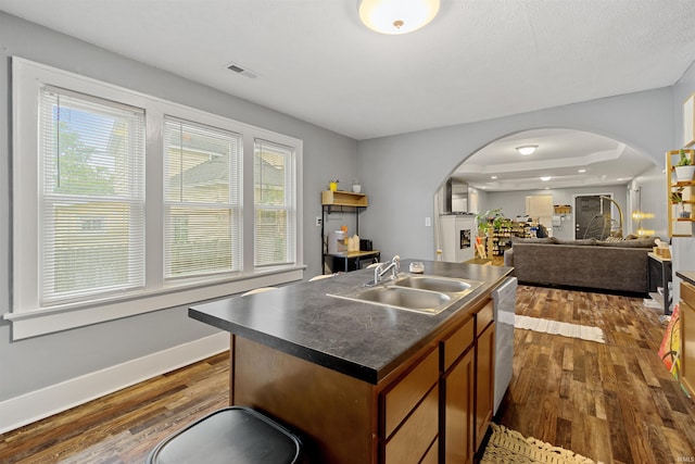 kitchen featuring dishwasher, sink, an island with sink, and dark wood-type flooring