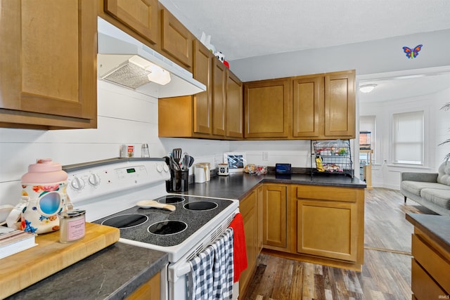 kitchen featuring electric range, dark hardwood / wood-style floors, and a textured ceiling