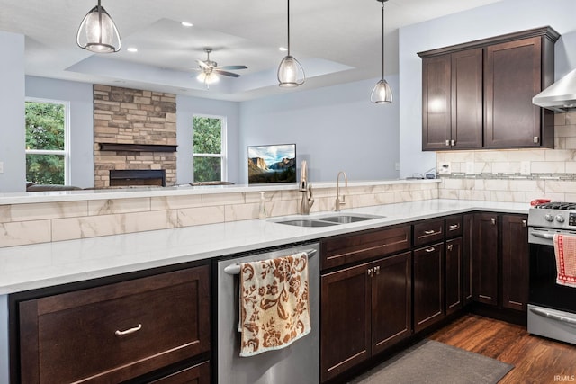 kitchen with appliances with stainless steel finishes, sink, ceiling fan, and a wealth of natural light