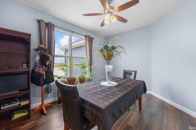 dining area featuring ceiling fan and dark hardwood / wood-style flooring