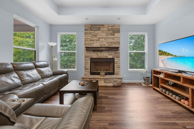 living room featuring a raised ceiling, a stone fireplace, dark wood-type flooring, and a wealth of natural light