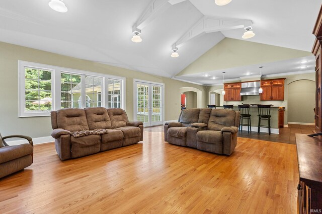 living room featuring high vaulted ceiling and light wood-type flooring