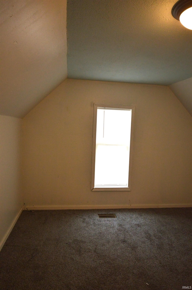 additional living space featuring a textured ceiling, vaulted ceiling, and dark colored carpet