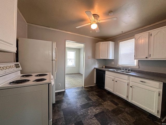 kitchen with black dishwasher, sink, white cabinets, ceiling fan, and white electric range