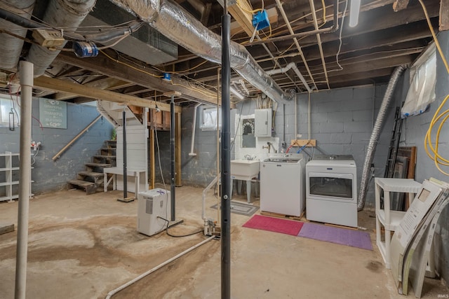 basement featuring electric panel, sink, and washing machine and clothes dryer