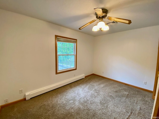 unfurnished room featuring ceiling fan, baseboard heating, and carpet floors