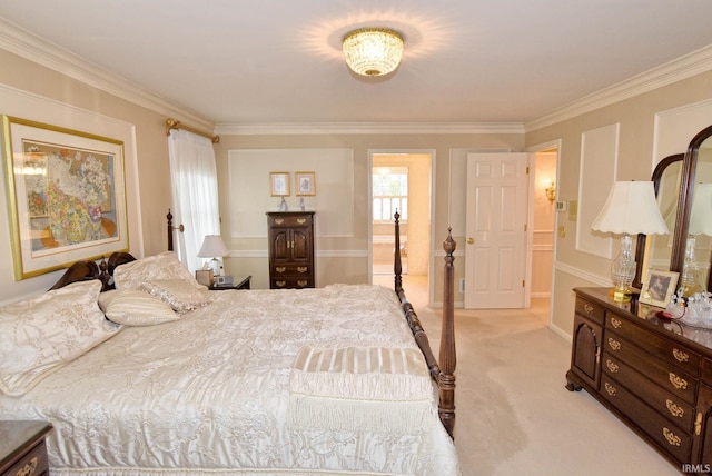 bedroom featuring ornamental molding and light colored carpet