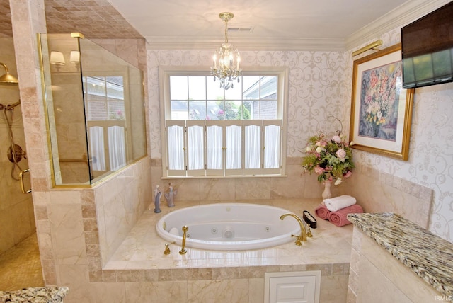 bathroom with a chandelier, crown molding, and separate shower and tub