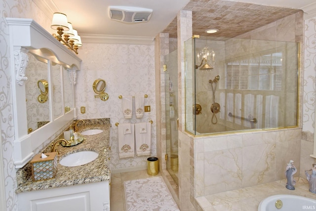 bathroom with vanity, plus walk in shower, and ornamental molding