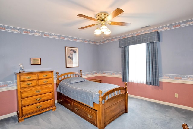 bedroom featuring ceiling fan and carpet floors