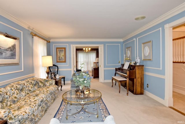 carpeted living room featuring a notable chandelier and crown molding