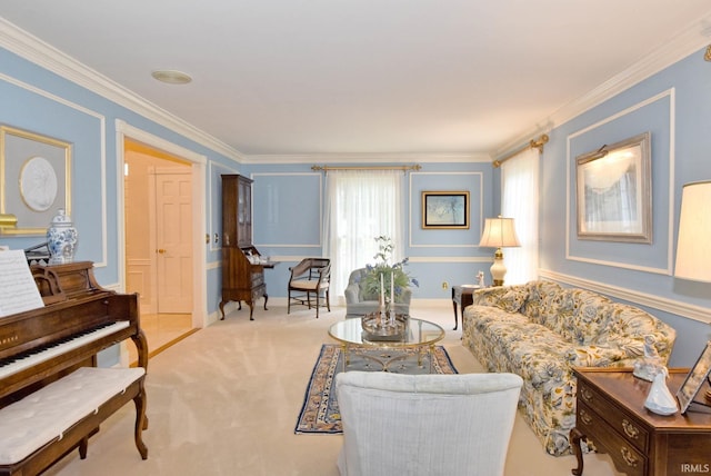 carpeted living room with crown molding