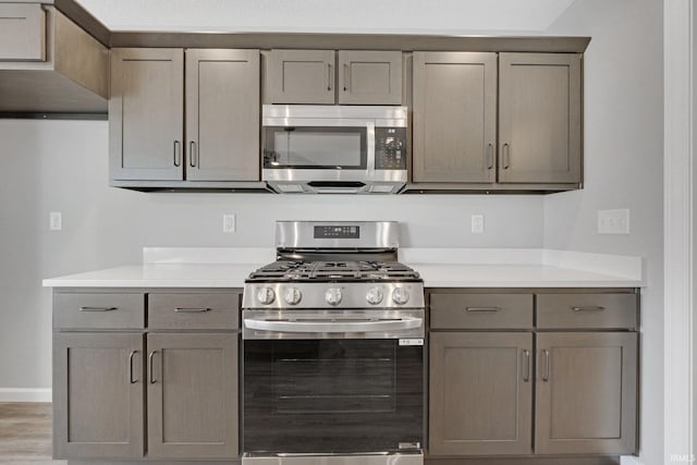 602 Zion Hill Rd, Ligonier, IN 46767 - kitchen featuring gray cabinetry, light countertops, baseboards, and appliances with stainless steel finishes