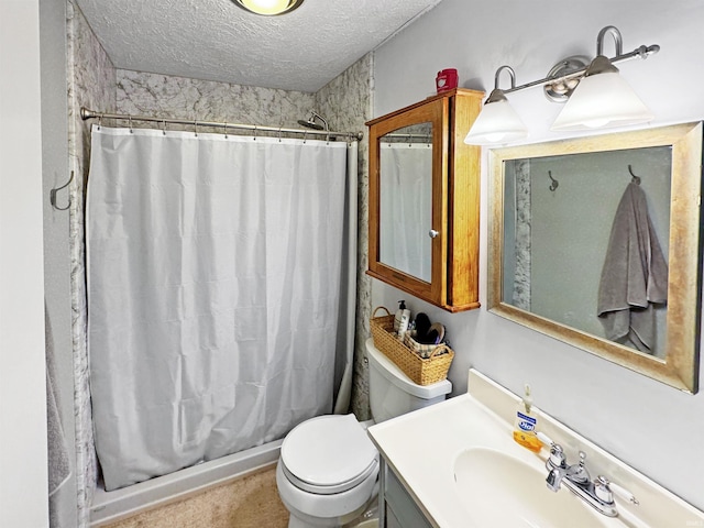 bathroom featuring a shower with curtain, vanity, a textured ceiling, and toilet