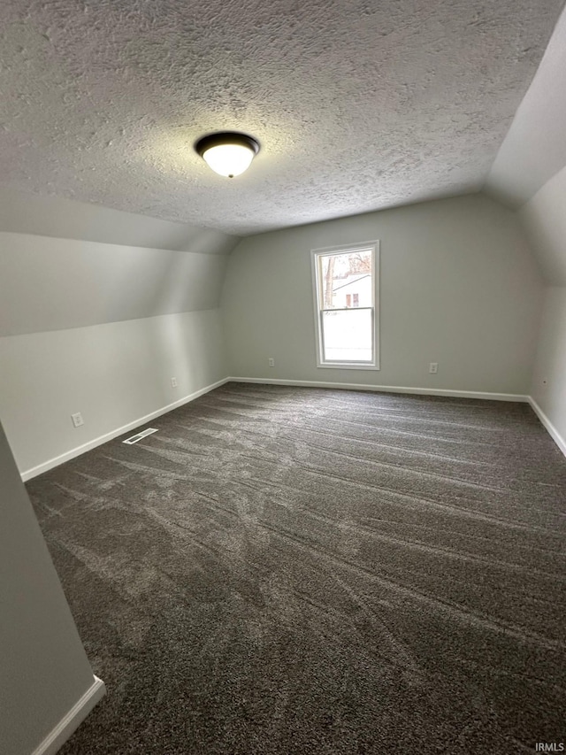 additional living space with dark colored carpet, a textured ceiling, and lofted ceiling