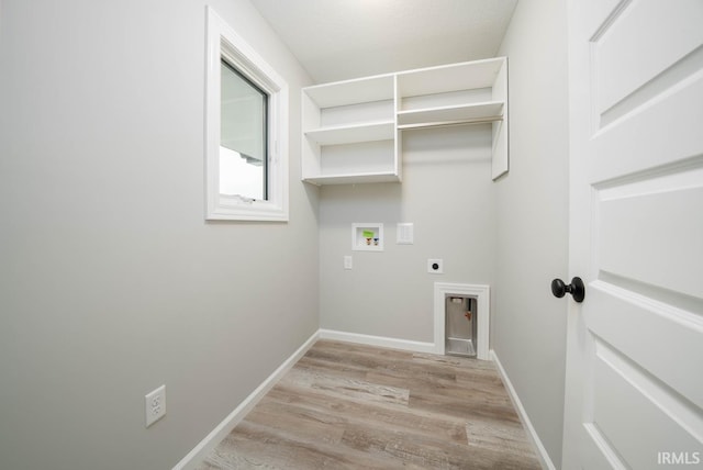 laundry room with washer hookup, electric dryer hookup, and light hardwood / wood-style flooring