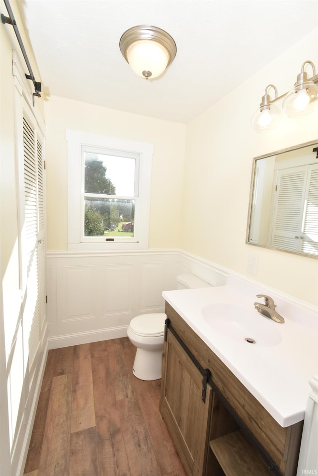 bathroom with vanity, hardwood / wood-style floors, and toilet