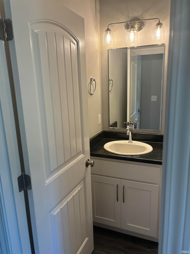 bathroom with wood-type flooring and vanity