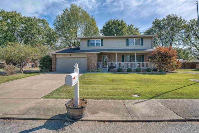 view of front property with a garage, a porch, and a front lawn