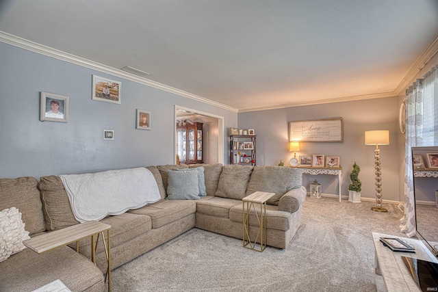 living room featuring crown molding and carpet flooring