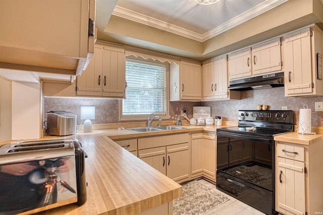 kitchen with cream cabinetry, black / electric stove, butcher block counters, ornamental molding, and sink