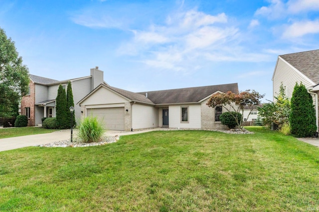 ranch-style home featuring a garage and a front yard