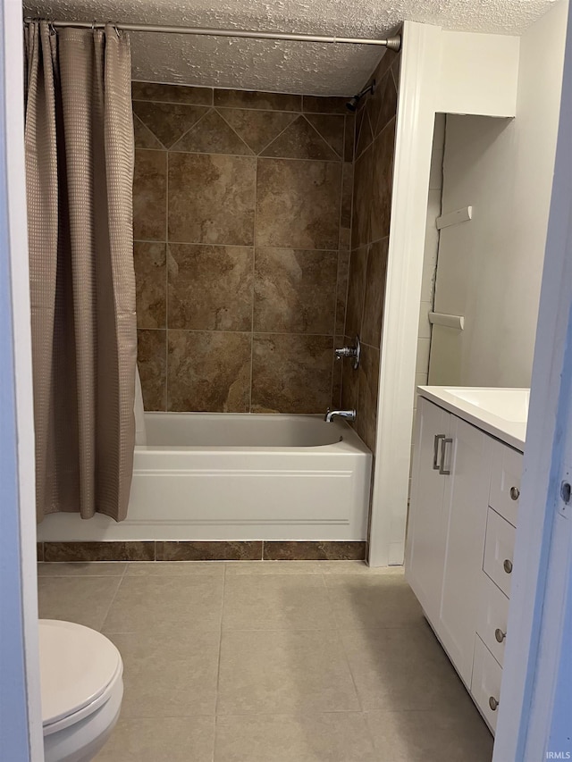 full bathroom featuring toilet, tile patterned flooring, shower / bath combination with curtain, and vanity