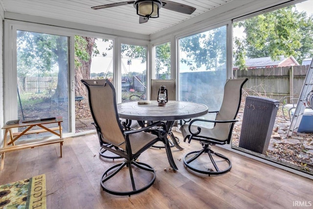 sunroom / solarium featuring ceiling fan and wooden ceiling