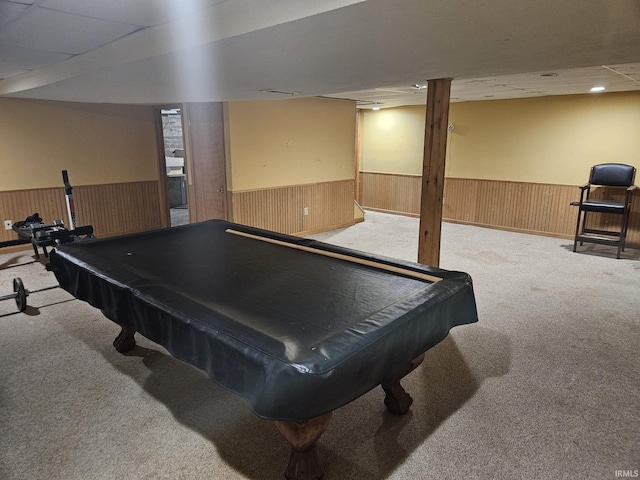 playroom featuring carpet floors, wood walls, and billiards