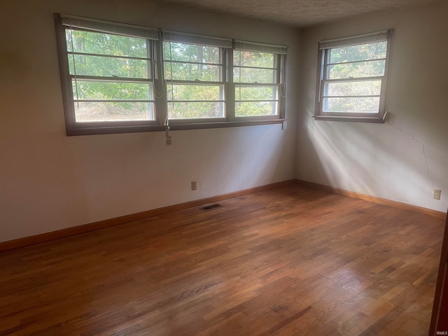 empty room featuring a textured ceiling, plenty of natural light, and dark hardwood / wood-style floors