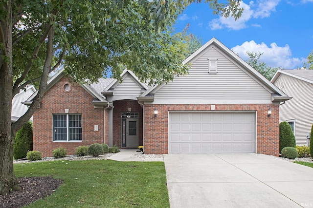 front facade with a garage and a front lawn