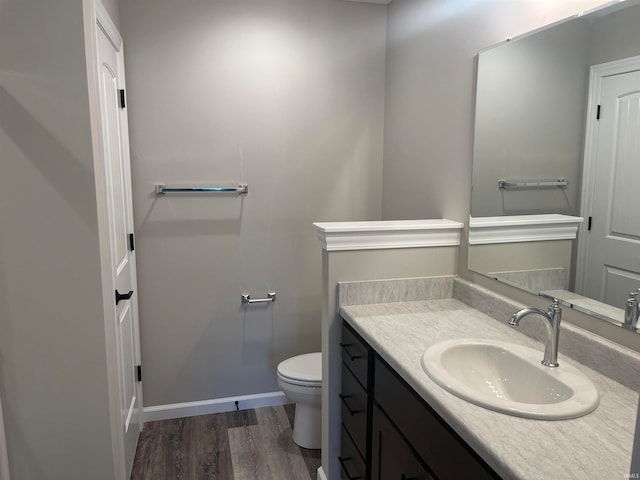 bathroom featuring toilet, vanity, and wood-type flooring