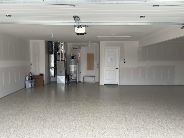 garage with a garage door opener, heating unit, and gas water heater