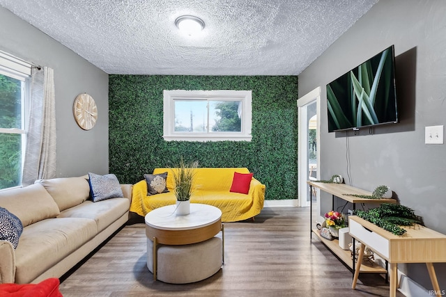 living room featuring a textured ceiling and hardwood / wood-style flooring