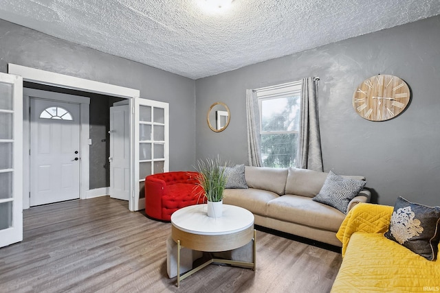 living room with a textured ceiling and hardwood / wood-style flooring