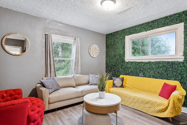 living room featuring light hardwood / wood-style flooring and a textured ceiling