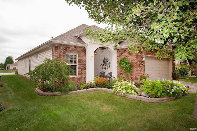 ranch-style house with a garage and a front lawn