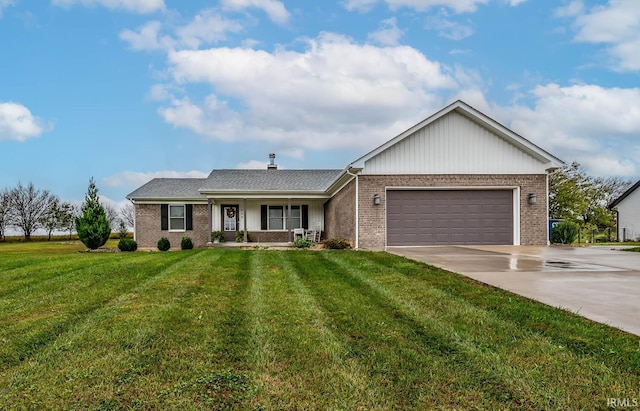 ranch-style house with a garage and a front lawn