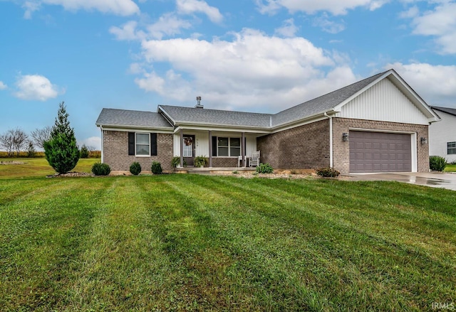 ranch-style house with a front lawn, covered porch, and a garage