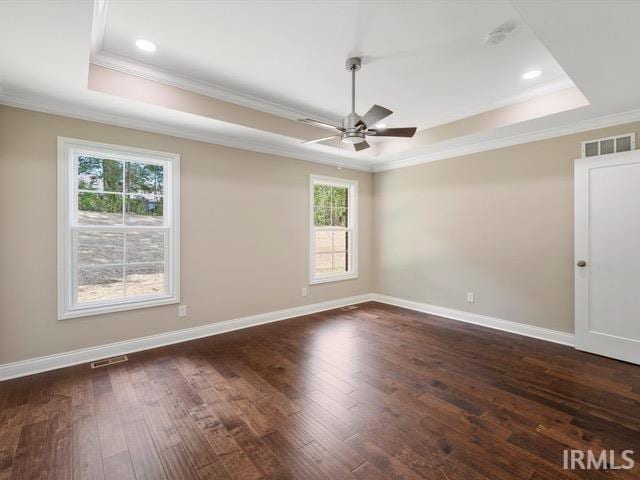 empty room featuring a wealth of natural light, a tray ceiling, ceiling fan, and dark hardwood / wood-style floors