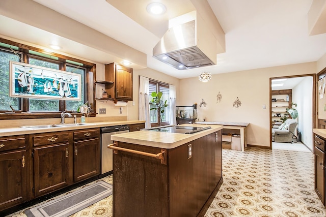 kitchen with a kitchen island, dishwasher, decorative light fixtures, black electric stovetop, and sink