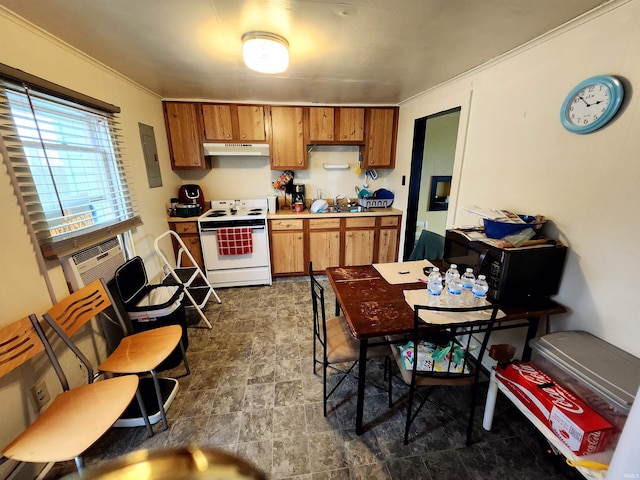 kitchen with white electric stove, brown cabinets, light countertops, under cabinet range hood, and a sink